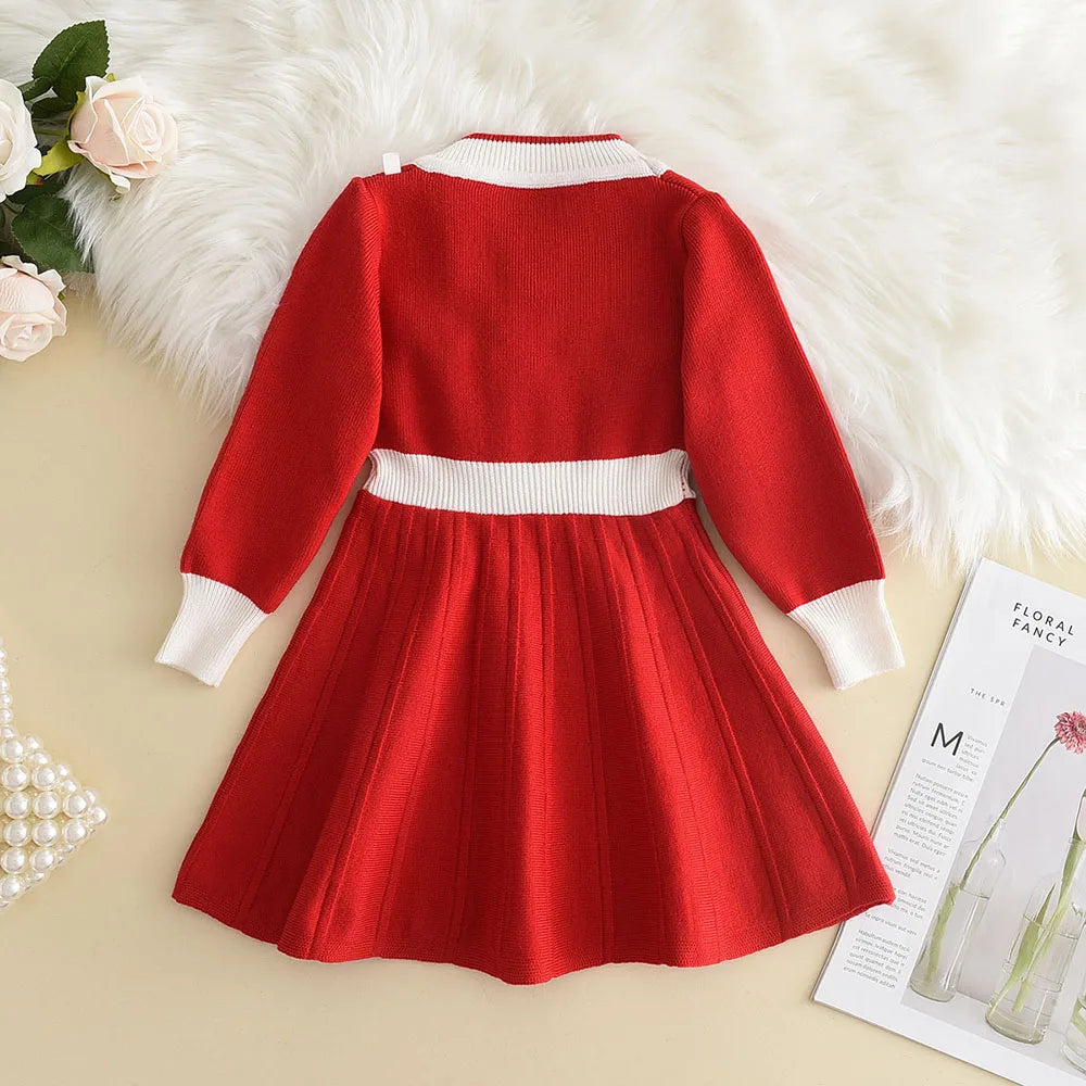 Bear Leader Winter New Year's Red Girl Knitting Wool Long Sleeve Splicing Dress Girl Baby Bow Fashion Dressses Christmas Clothes