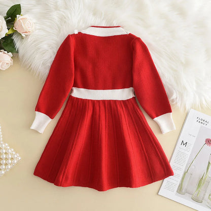 Bear Leader Winter New Year's Red Girl Knitting Wool Long Sleeve Splicing Dress Girl Baby Bow Fashion Dressses Christmas Clothes