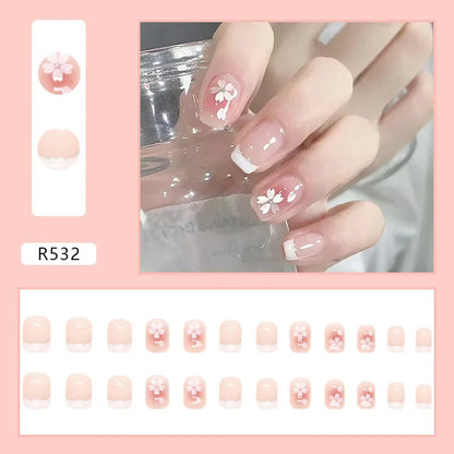 Vintage Camellia Wearable Pink Press on Fake Nails Tips with Glue False Nails Design Butterfly Lovely Girl False Nails