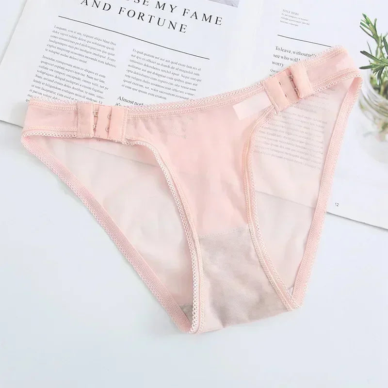 Transparent Mesh Panties for Women Adjustable Side Buckle Cotton Crotch Low Waist Seamless Briefs Sexy Underpants Lingerie