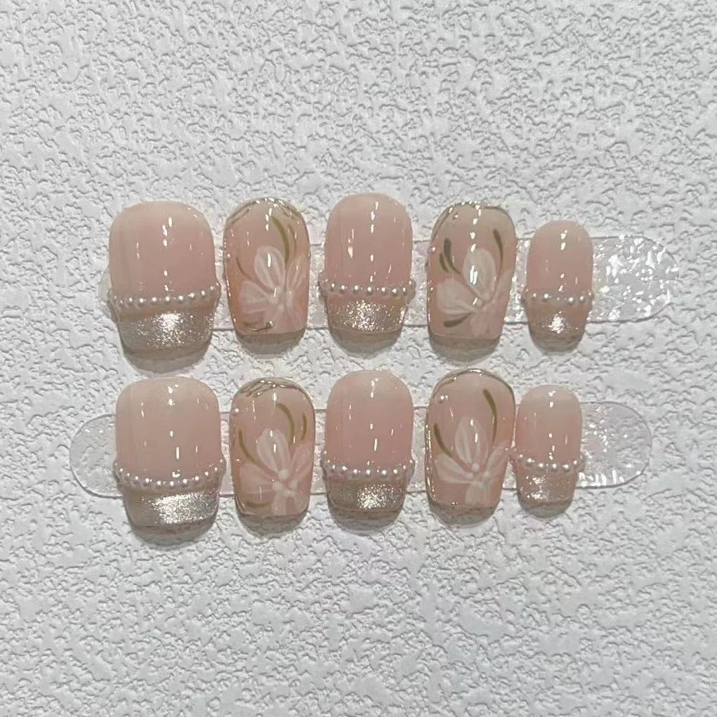 10Pcs Short Round Handmade Press On Nails Full Cover Peach Pink Summer Design Cute False Nails Artificial Manicure False Nails