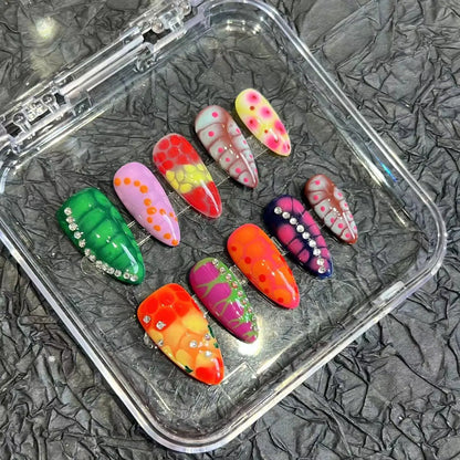 10pcs Handmade Press on Nails Colorful Snake Pattern Fake Nail Tips