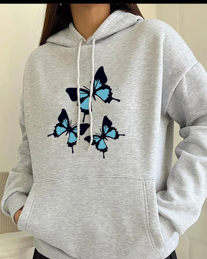 Hirsionsan Butterflies Graphic Print Hoodies Women Chic Long Sleeve