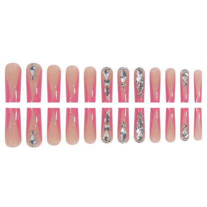 Enhance your charm with 24 pieces of long coffins, pink French patterns, 3D butterfly dots, diamond false nails