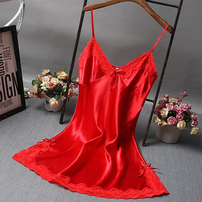 Women Satin Skin-friendly Comfortable Nightdress Sexy Lace Bowknot Pajamas Deep V Neck Thin Straps Robe Dress Soft Sleepwear