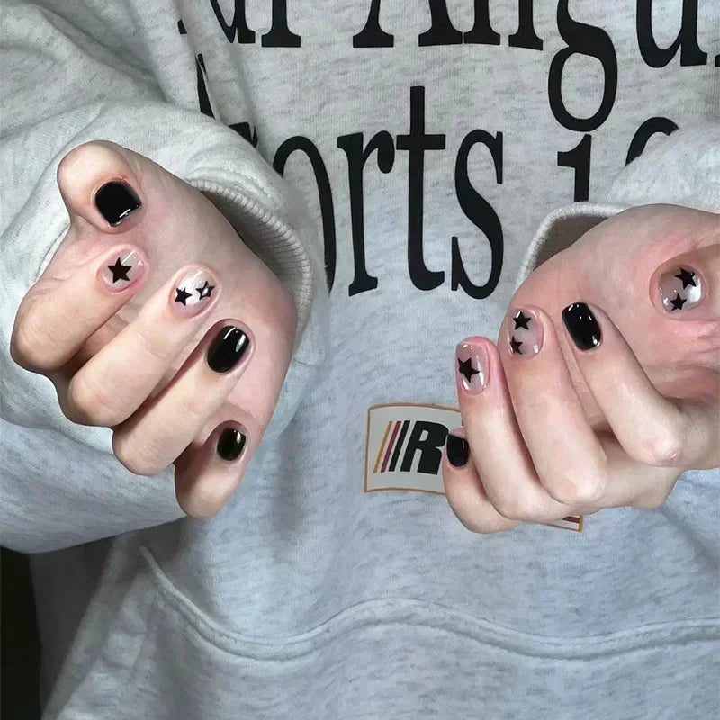 24pcs Black Short Ballet False Nails with Glue French Design Detachable Fake Nails Art Heart Full Cover Press on Nails Tips