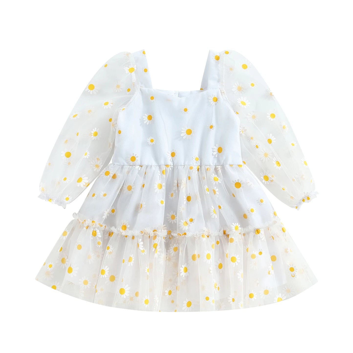 Pudcoco Infant Baby Girl Princess A-Line Dress Elegant Daisy Print Long Sleeves Mesh Tulle Party Dress for Toddler 3M-3T