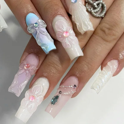 24Pcs False Nails Long Coffin Ballet French with Rhinestones Wearable Fake Nails Blue Flower Full Cover Press on Nails Tips Art