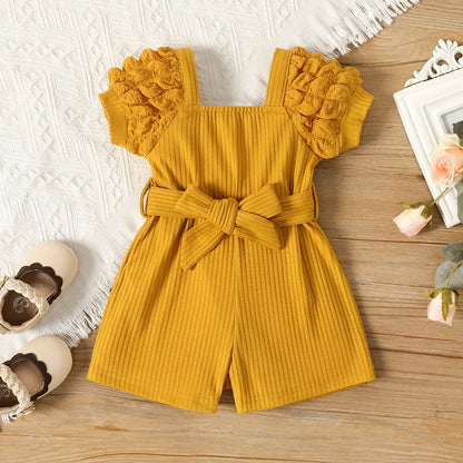 Baby girl summer style small square neck bubble sleeve belt solid color jumpsuit shorts