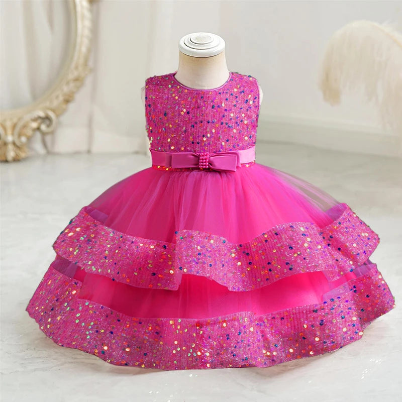 Sequin Birthday Party Dress for Baby Girls Sleeveless Elegant Tulle Princess Dress Red Green Christmas Dress for Kids New Year