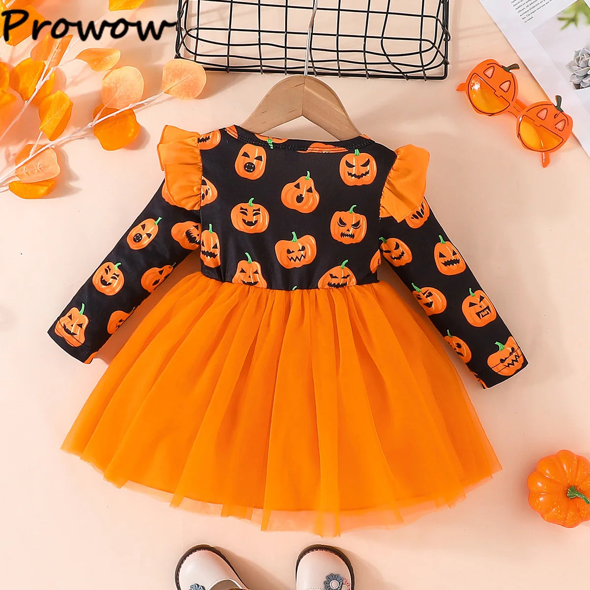 Prowow Baby Girl Halloween Dresses Long Sleeve Orange Pumpkin Dress For Girls Toddler Halloween Costume Festival Party Dress