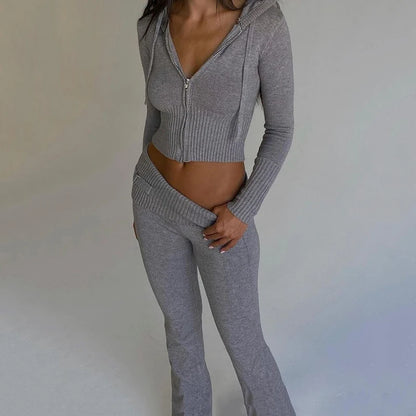 Fashion Women Ribbed Knit 2 Piece Outfits Long Sleeve Zipper-Up Slim Fit Hooded Crop Top Elastic Long Pants Set Y2K Tracksuits