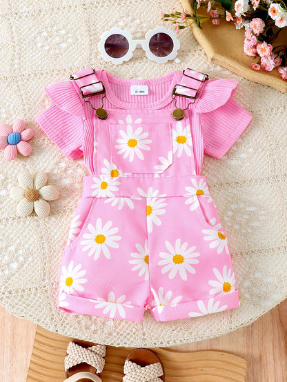 2PCS Summer New Sweet And Cute Girls And Babies Solid Color Short-Sleeved Top + Pink Love Printed Suspender Shorts