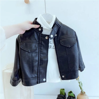 Autumn PU Leather Jackets Spring  Kids Boys Girls Classics Handsome Lapel Zipper Outerwear Fly Coats Casual Clothing 1-8 Years