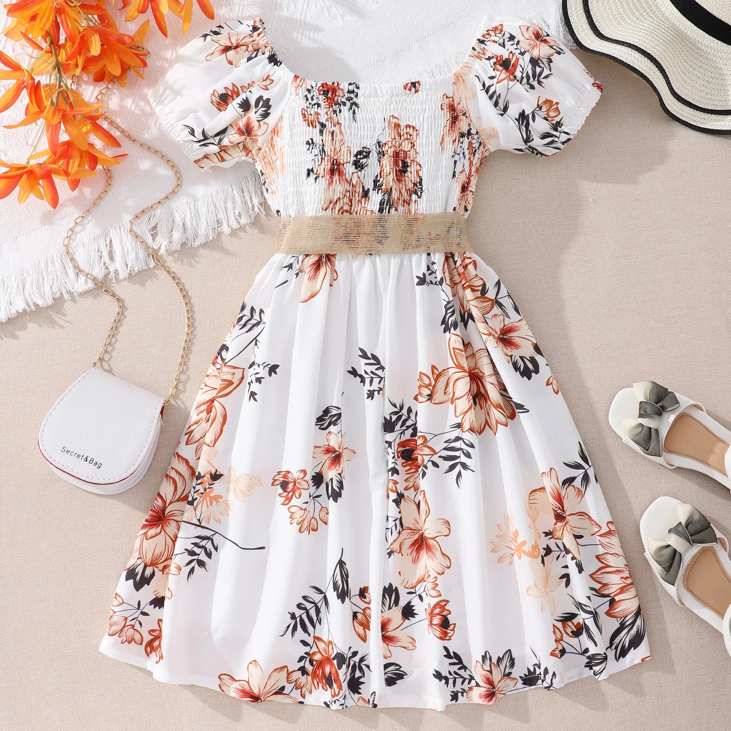 Boho Floral Square Neck Smocked Midi Dress For Girls, Holiday Summer Going Out Casual Dresses