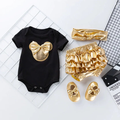 Baby Girl Jumpsuit Set of 4 pieces, Gold Bow Decoration Top, Ruffled Edge Shorts, Jumpsuit for Newborns, Set of 4 pieces/Set