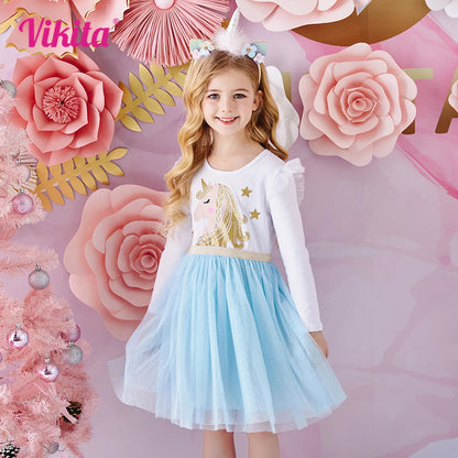 Kids Licorne Cartoon Print Dress Girls Flare Sleeve Autumn Spring Winter Vestidos Girls Princess Mesh Tulle Party Dress