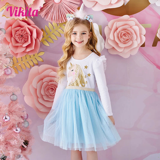 Kids Licorne Cartoon Print Dress Girls Flare Sleeve Autumn Spring Winter Vestidos Girls Princess Mesh Tulle Party Dress
