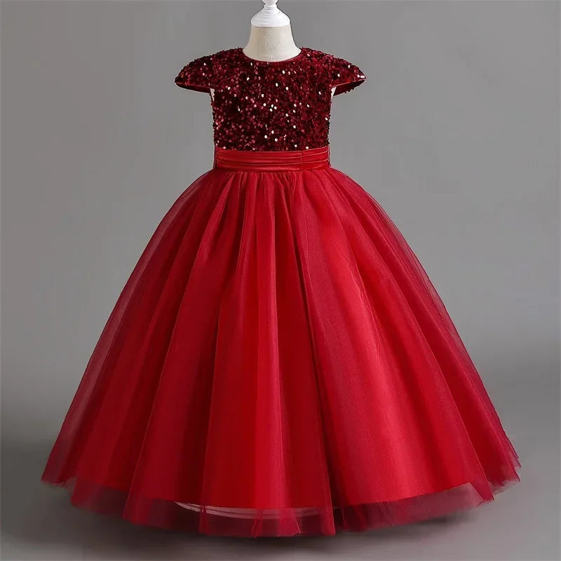 Puffy Girls Party Dress Elegant Kids Wedding Gala Prom Gown Sequin Bow