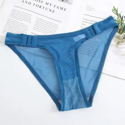 Transparent Mesh Panties for Women Adjustable Side Buckle Cotton Crotch Low Waist Seamless Briefs Sexy Underpants Lingerie