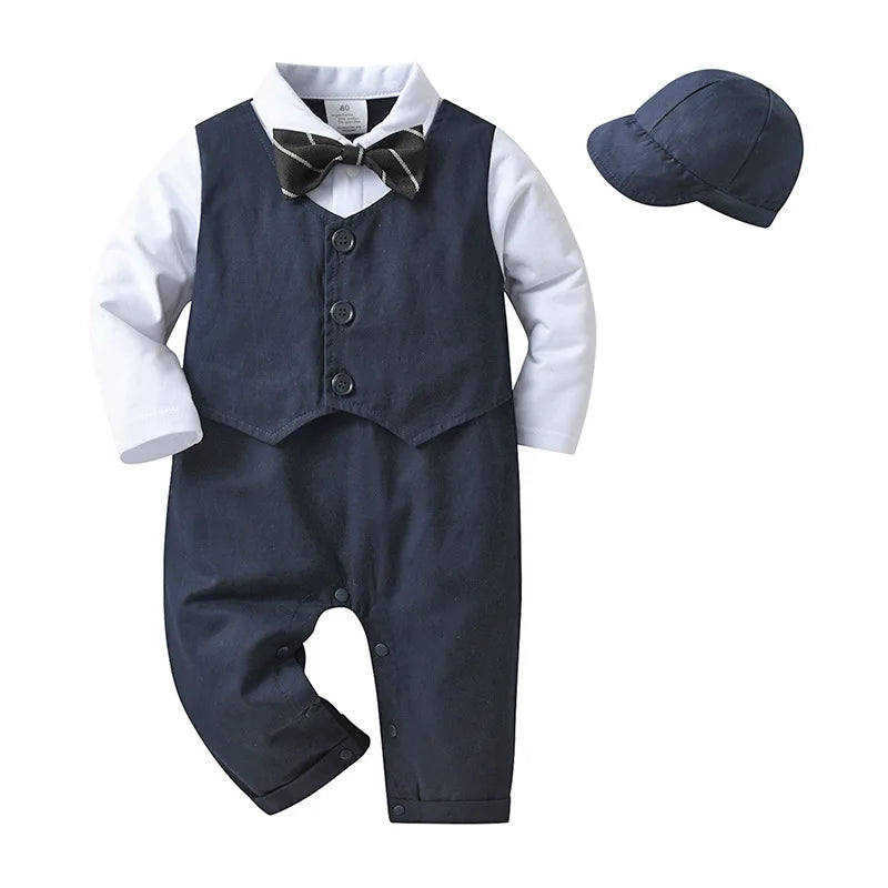 Gentleman Baby Boy Baptism Birthday Clothes Set Formal 0-18 Months Infant Romper Bow Hat 3 PCS Suit Children Christening Outfit