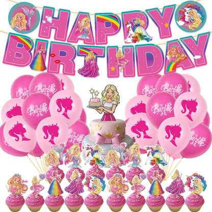 Barbie Birthday Party Supplies Pink Girl Disposable Tableware Banner Cupcake Topper Background Princess Balloons Gift Bag