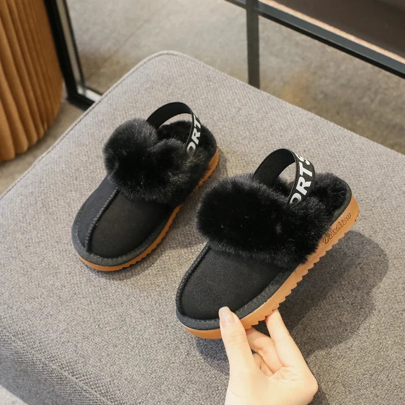 Children Toes Wrapped Plush Slippers Kids Classic Slippers Winter Anti Slip Thick Soled Girls Fur Cotton Shoes Britain Style