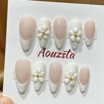 10pcs Handmade Press On Nails 3D Carving Flower Shells False Nails Detachable Summer Almond Pink French Style Fake Nail Tips