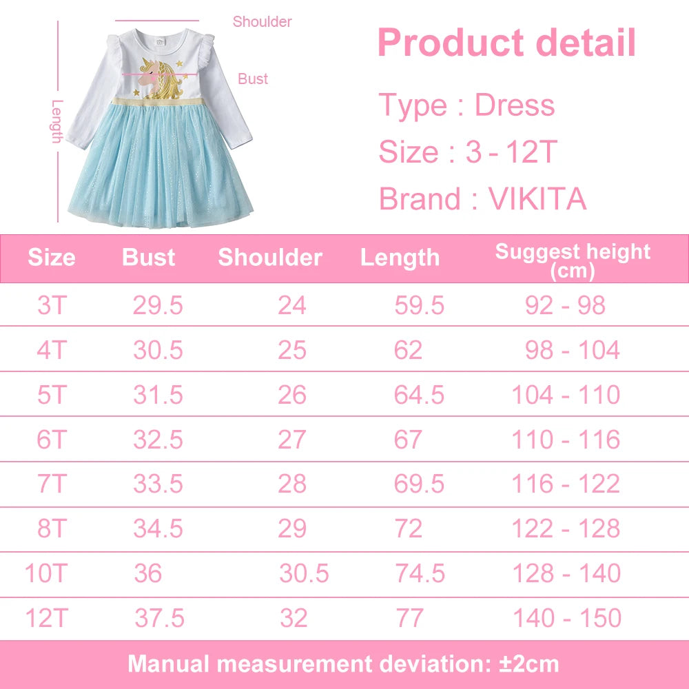 Kids Licorne Cartoon Print Dress Girls Flare Sleeve Autumn Spring Winter Vestidos Girls Princess Mesh Tulle Party Dress