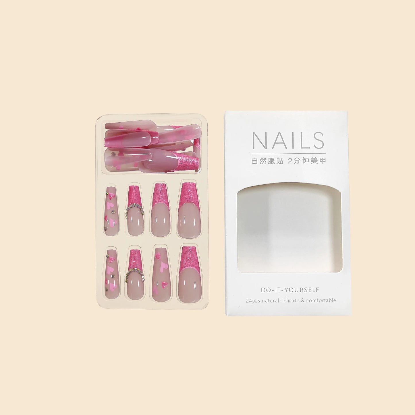 24Pcs/Long Ballet French Heart Glitter Stone Decoration Nail Press on Nail