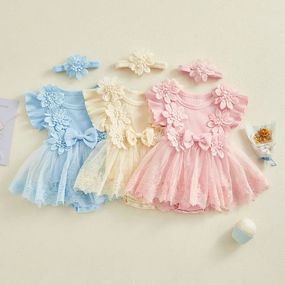 Infant Baby Girl Lace Romper Baby Tulle Dress Romper Flowers Bodysuit Spring Summer Festival Clothes with Headband