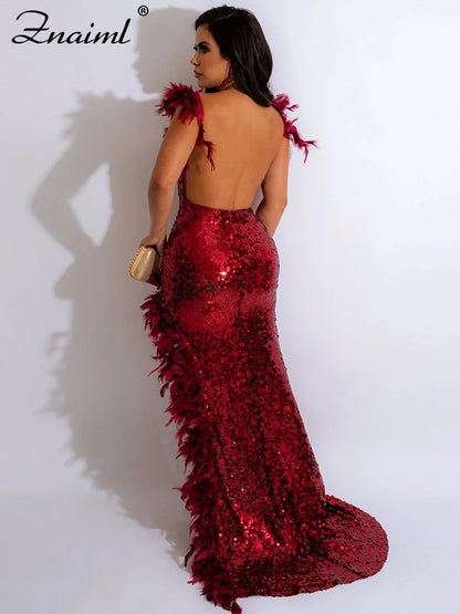 Elegant Party Guest Backless Side High Split Sexy Sequins Feathers Mermaid Evening Dresses