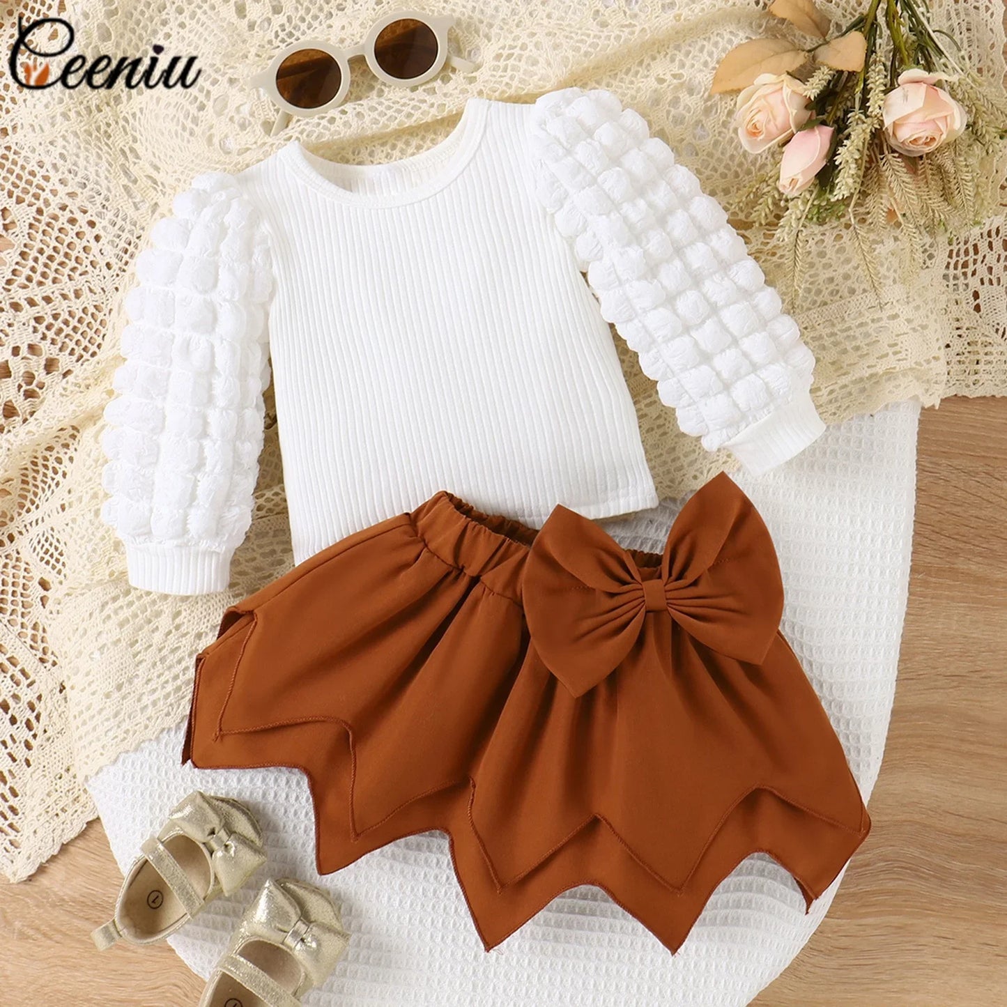 Ceeniu Baby Girl Outfit Sets For Newborn 3-24 Months Puffy Sleeve White T-shirt and Irregular Brown Skirt Toddler Girl Clothing