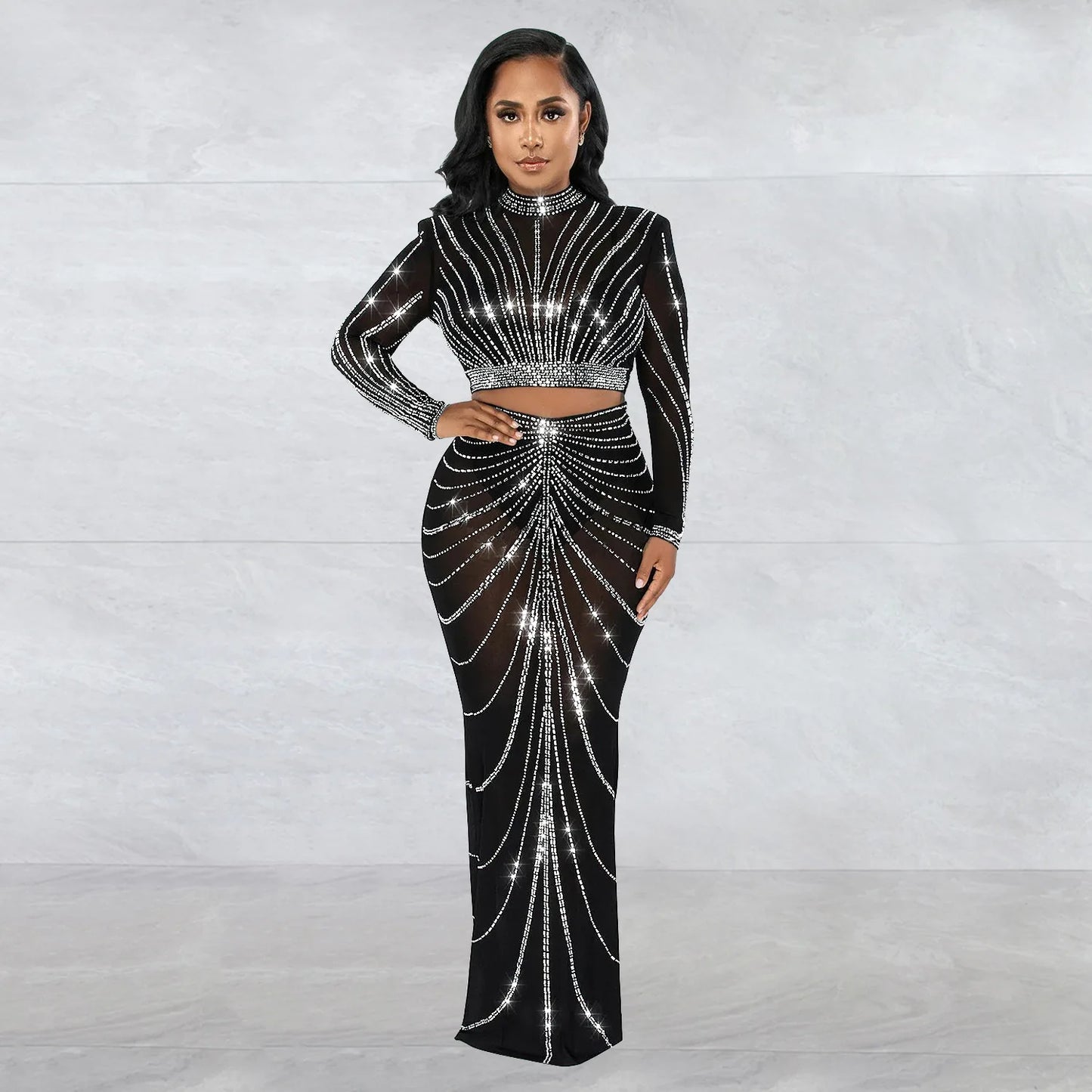 Clothing 2025 Rhinestone Mesh See Through Long Sleeve Dress Set for Women Birthday Sexy Night Club Party 2 Piece Sets Outfit