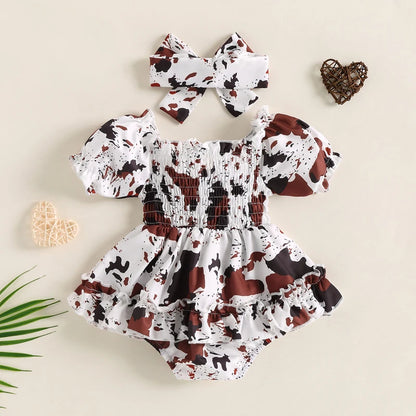 FOCUSNORM 0-24M Baby Girls Cute Romper Dress Set Short Sleeve Off-shoulder Cow Printed Jumpsuits with Headband for Toddlers