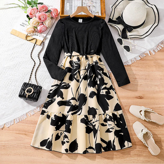 Children's Fashion Dress For Girls Black Long-Sleeved Printed Dress Elegant Style Dress