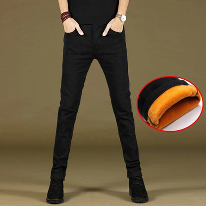 2024 Winter Mens Add Wool Thicken Jeans Mens Printed Casual Stretch Fleece-lined Denim Pants Male Jeans Daily Classical Trousers