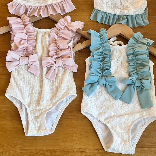 Girls' short-sleeved one-piece swimsuit and swimming cap set with two-tone lace