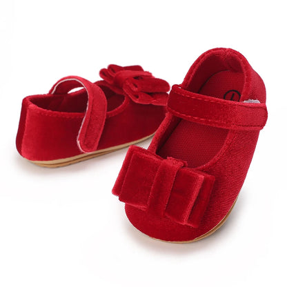 Newborn Baby Shoes Baby Girl Shoes Girl Classic Red Bowknot Rubber Sole Anti-slip PU Dress Shoes First Walker Toddler Crib Shoes