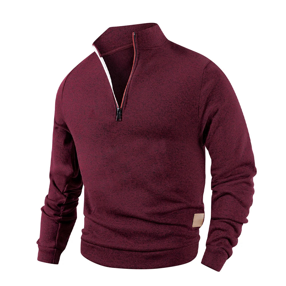 Men's Half Zipper Sweatshirt Fleece Turtleneck Pullover with Leather Label Fashion Sweaters Men Outdoor Stand Collar Long Sleeve