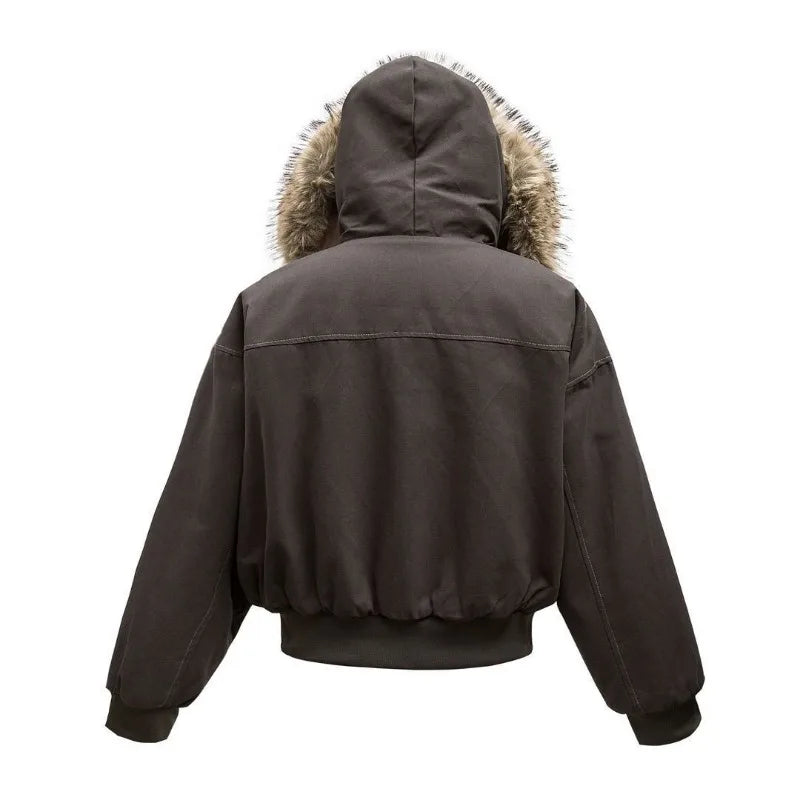 Y2K New American Cleanfit Fur Collar Imitation Mink Fur Hooded Cotton-padded Jacket Men Gothic Retro Hip-hop Short Tooling Coat