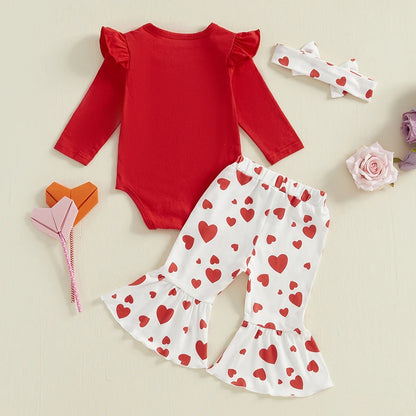 Baby Girl Valentines Day Outfit Letter Print Romper Love Heart Flare Pants Headband First Valentines Day Outfit