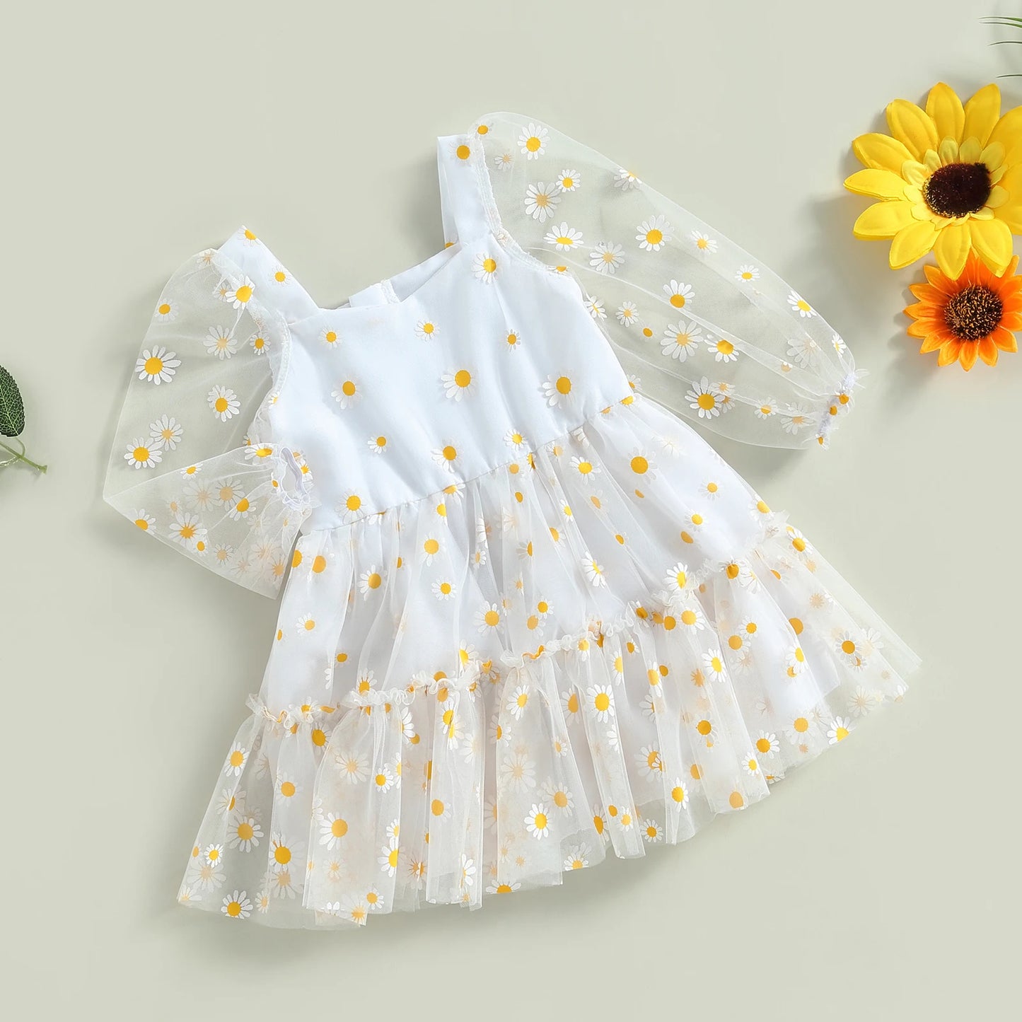 Pudcoco Infant Baby Girl Princess A-Line Dress Elegant Daisy Print Long Sleeves Mesh Tulle Party Dress for Toddler 3M-3T