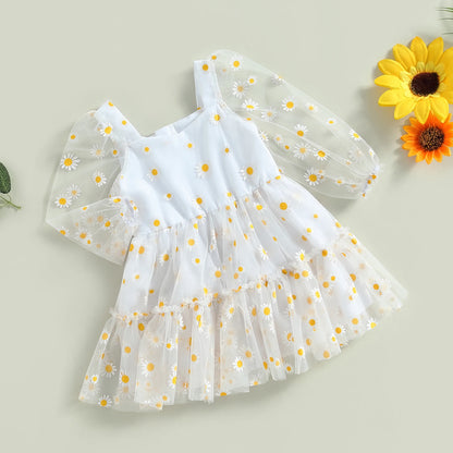 Pudcoco Infant Baby Girl Princess A-Line Dress Elegant Daisy Print Long Sleeves Mesh Tulle Party Dress for Toddler 3M-3T