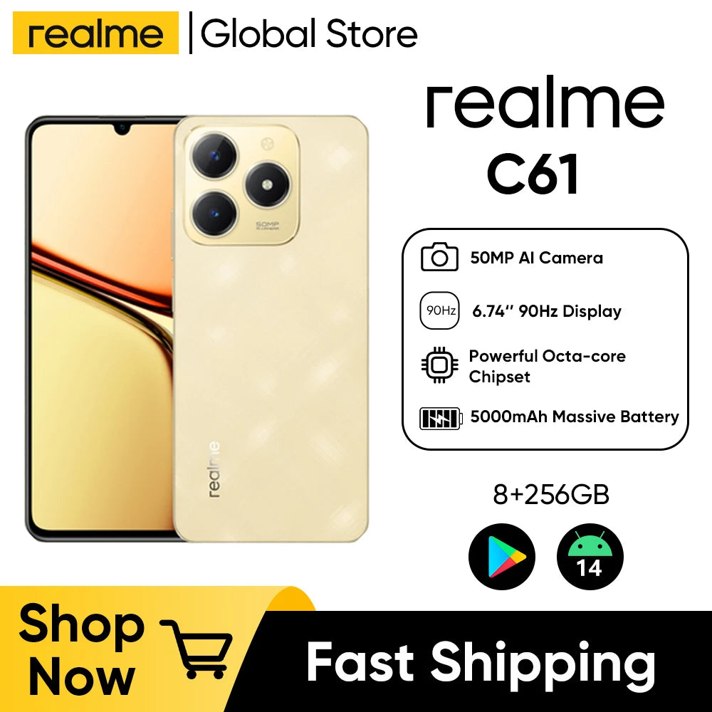 Realme C61 6.74'' 90Hz Display Android14 Smartphone  50MP AI Camera 5000mAh IP54 Waterproof AI Engine 15W SUPERVOOC Charge