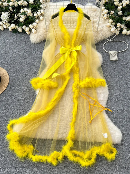 SINGREINY Transparent Gauze Spliced Wool Long Robes Sleepwear Women Lace Up Long Sleeve Robes Fashion Sheer Sexy Cardigan Robes