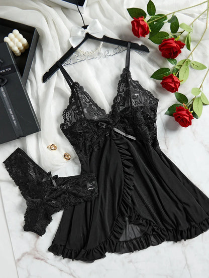 Erotic Bra Set Contrast Lace Ruffle Trim Lingerie Set Deep V Slip Dress & Thong Women's Sexy Lingerie Set Underwear