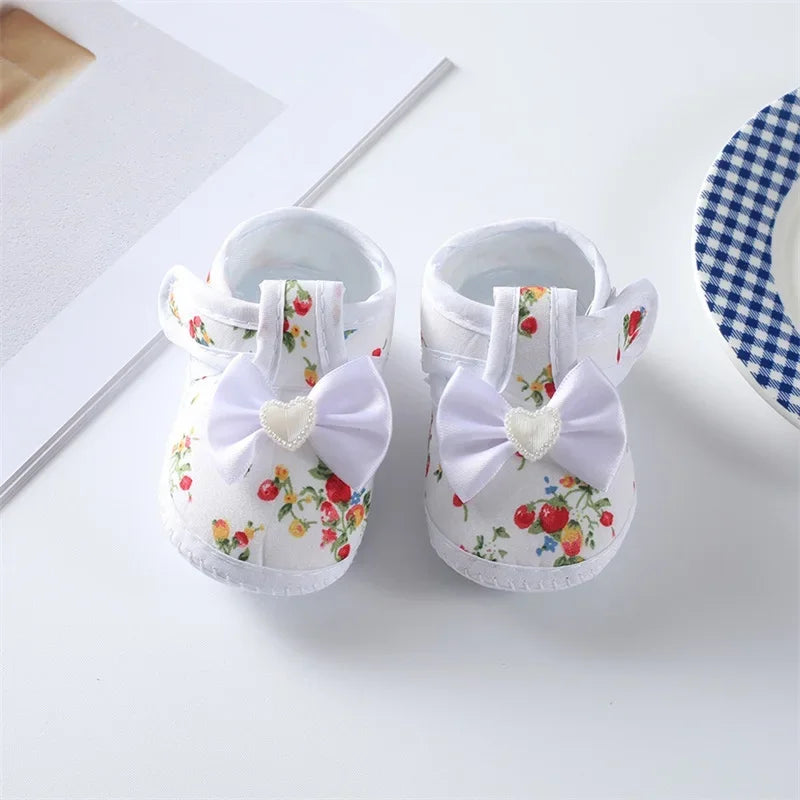 0-18months Baby Girls Flat Shoes Soft Sole Bowknot Flower Print Non-Slip