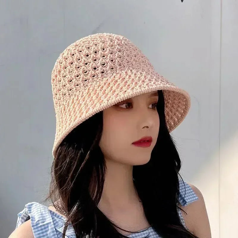 Handmade Crochet Floppy Summer Hats Collapsible Dome Bucket Hat Hollow Out Solid Color Beach Caps Simplicity Soft Women Hat
