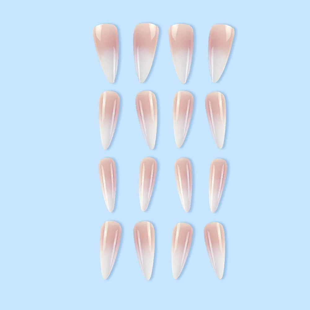 24 Pcs Glossy Long Stiletto Press On Nails Gradient Nude And White False Nails Reusable Fake Nails For Women Girls